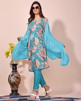 Premium Tabby Organza Floral Printed Embroidered Kurta Set with Chanderi Trouser & Nazbin Dupatta | Festive & Party Wear Suit for Women Malaysia